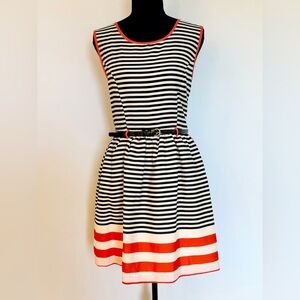 Monteau Black & White Striped Dress w/ Coral Trim Belted | Size Medium